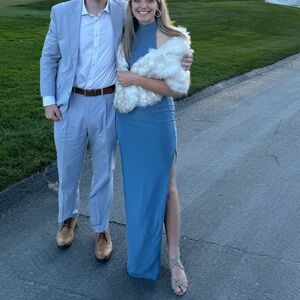 Lulu's Blue Maxi Dress AND Faux Fur Shrug